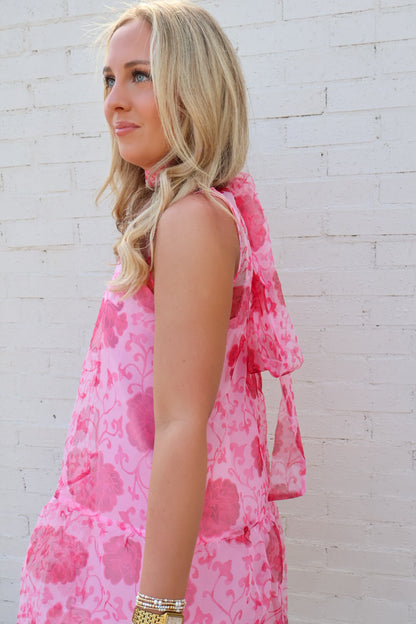 Rosé Garden High Neck Pink Floral Dress