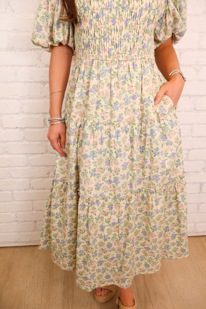 Meadow Bloom Smocked Puff Sleeve Midi Dress