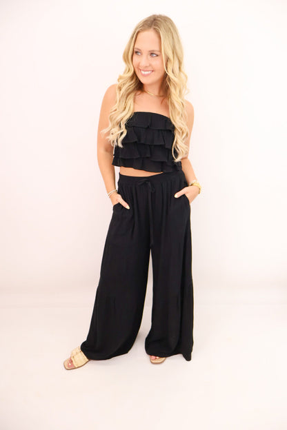 Ruffle Top and Flowy Pants Set - Black
