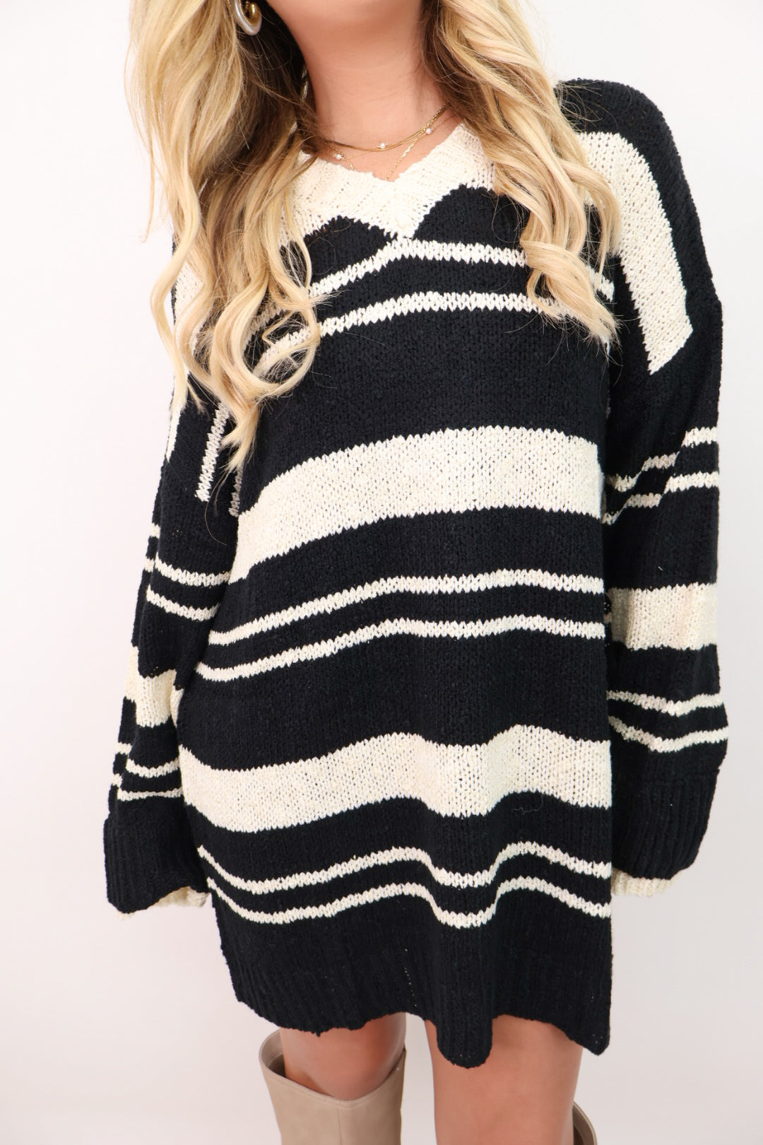 Striped V-Neck Sweater Dress