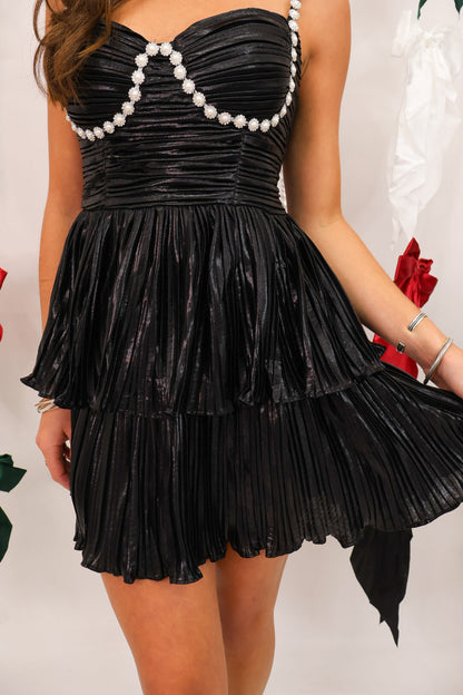 Pearl Strap Metallic Mini Dress - Black