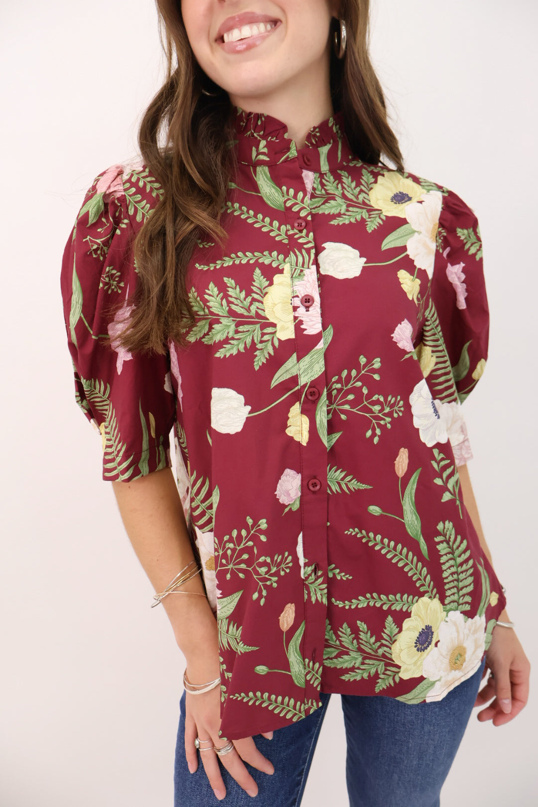 Merlot Floral Button Front Top