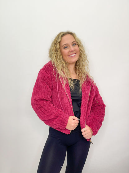 Hooded Ribbed Sherpa Jacket - Raspberry