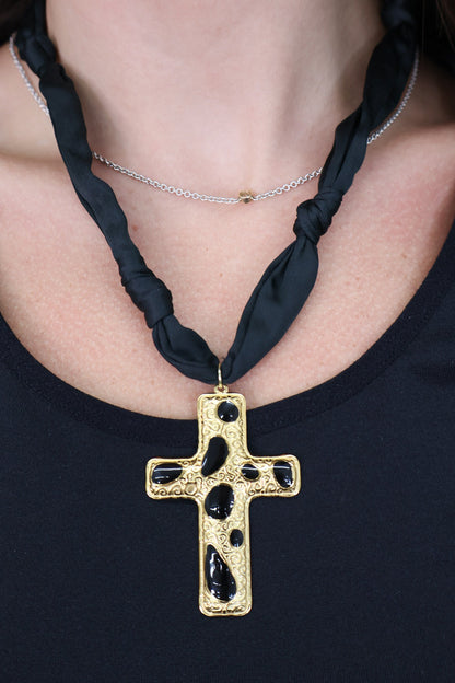 Black Scarf Necklace - Black Spotted Cross