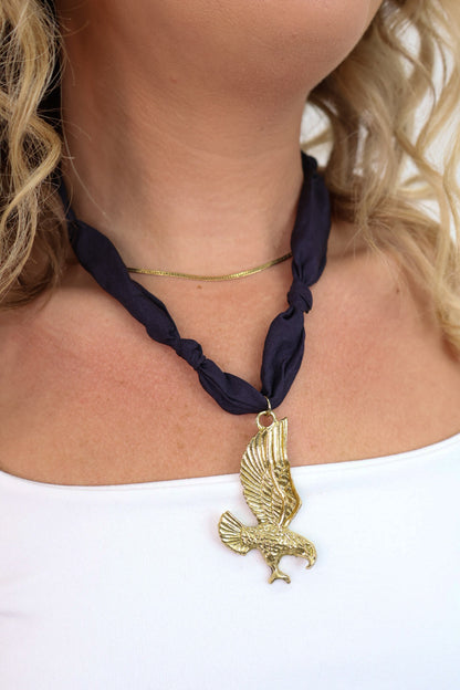 Navy Scarf Necklace - Gold Eagle