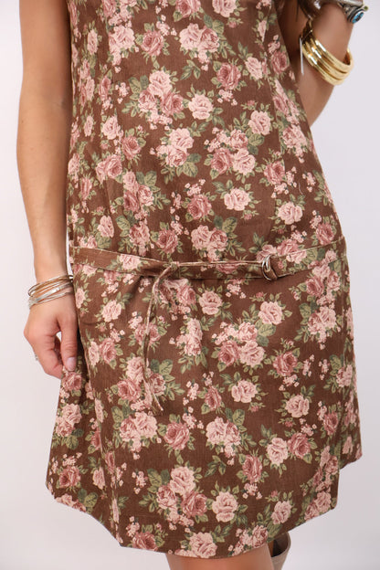 Floral Corduroy Drop-Waist Belt Dress