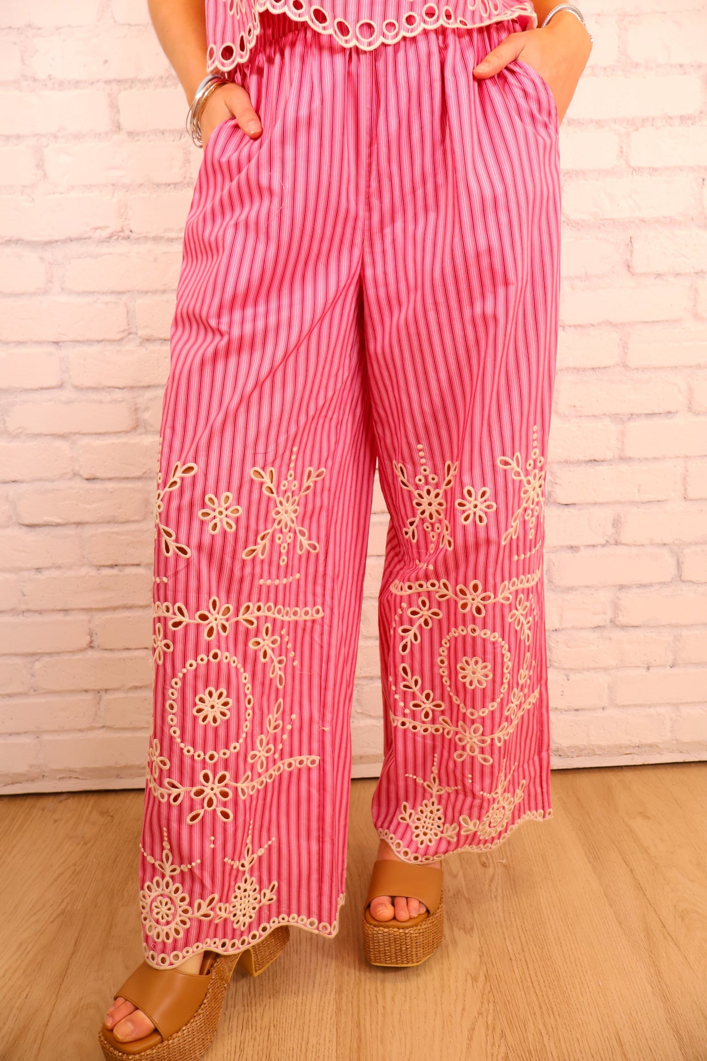 Pink Eyelet Embroidered Stripe Pants Set