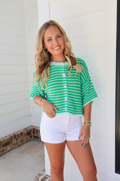 Kelly Green Striped Button Front Sweater