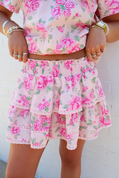 Pink Floral Tiered Skirt Set