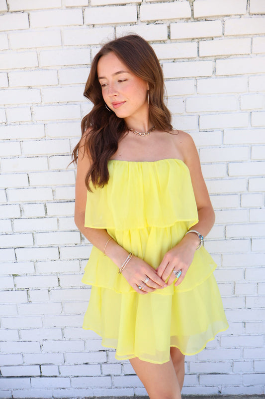 Yellow Tiered Strapless Mini Dress