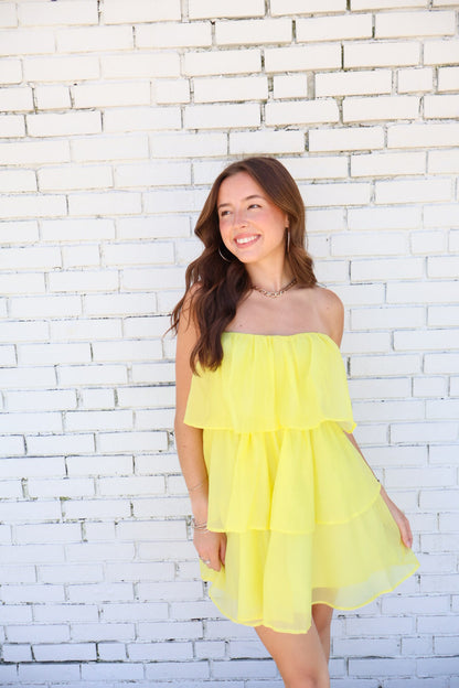 Yellow Tiered Strapless Mini Dress