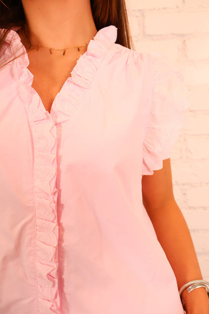 Eyelet Ruffle Trim Blouse - Pink