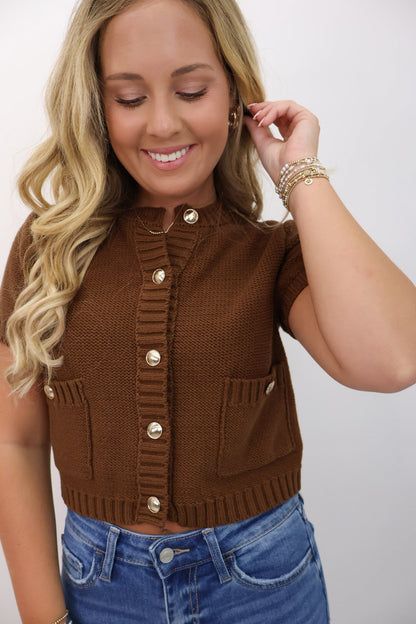 Gold Button Front Knit Cardigan Top - Chocolate Brown