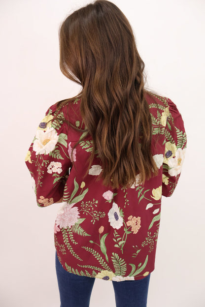 Merlot Floral Button Front Top