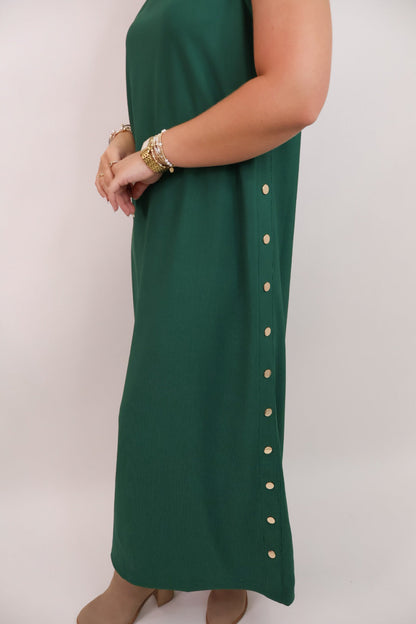 Gold Studded Sleeveless Midi Dress - Green