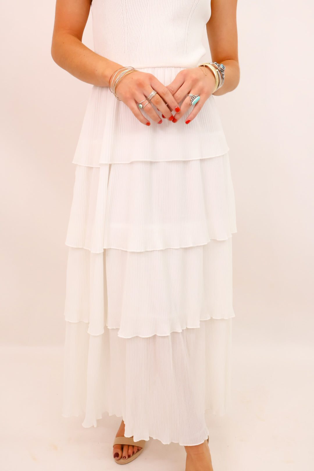 White Pleated Tiered Maxi Dress