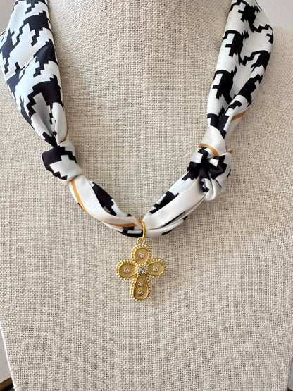 Houndstooth Scarf Necklace - Cross Pendant
