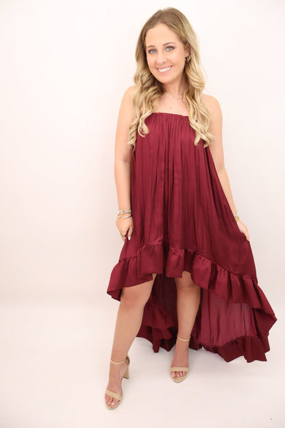 Satin Strapless High-Low Maxi Dress - Burgundy