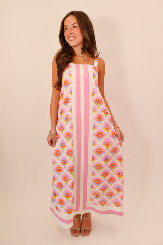 Pink Retro Floral Scallop Stripe Maxi Dress