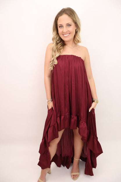 Satin Strapless High-Low Maxi Dress - Burgundy
