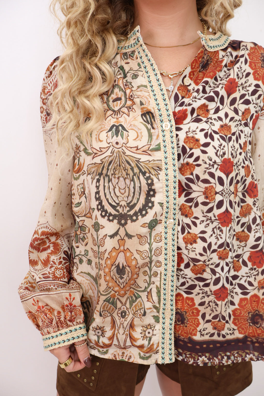 Boho Patchwork Button-Down Top