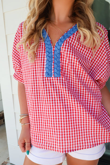 Red Gingham Top with Blue Braided Trim