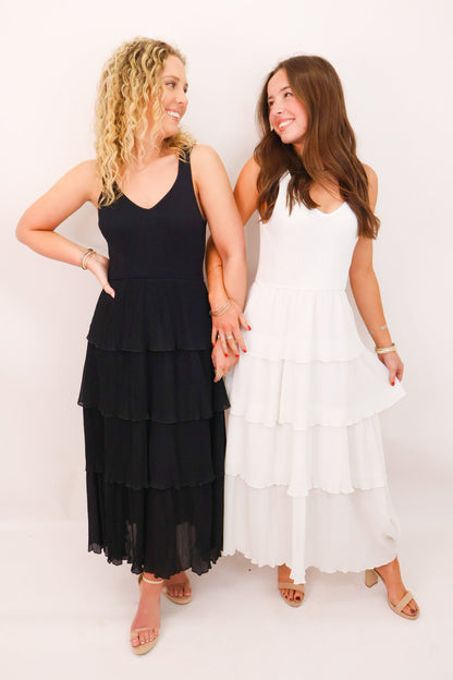 White Pleated Tiered Maxi Dress