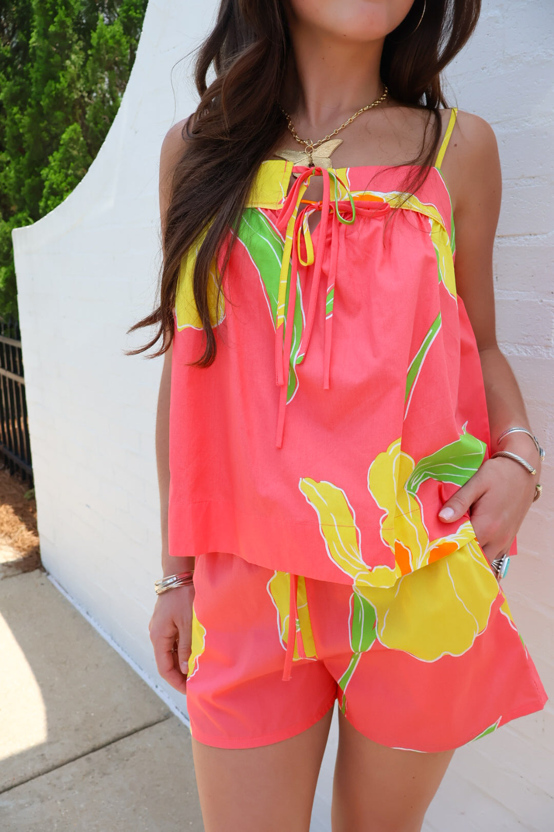 Coral Floral Tie Front Top and Shorts Set