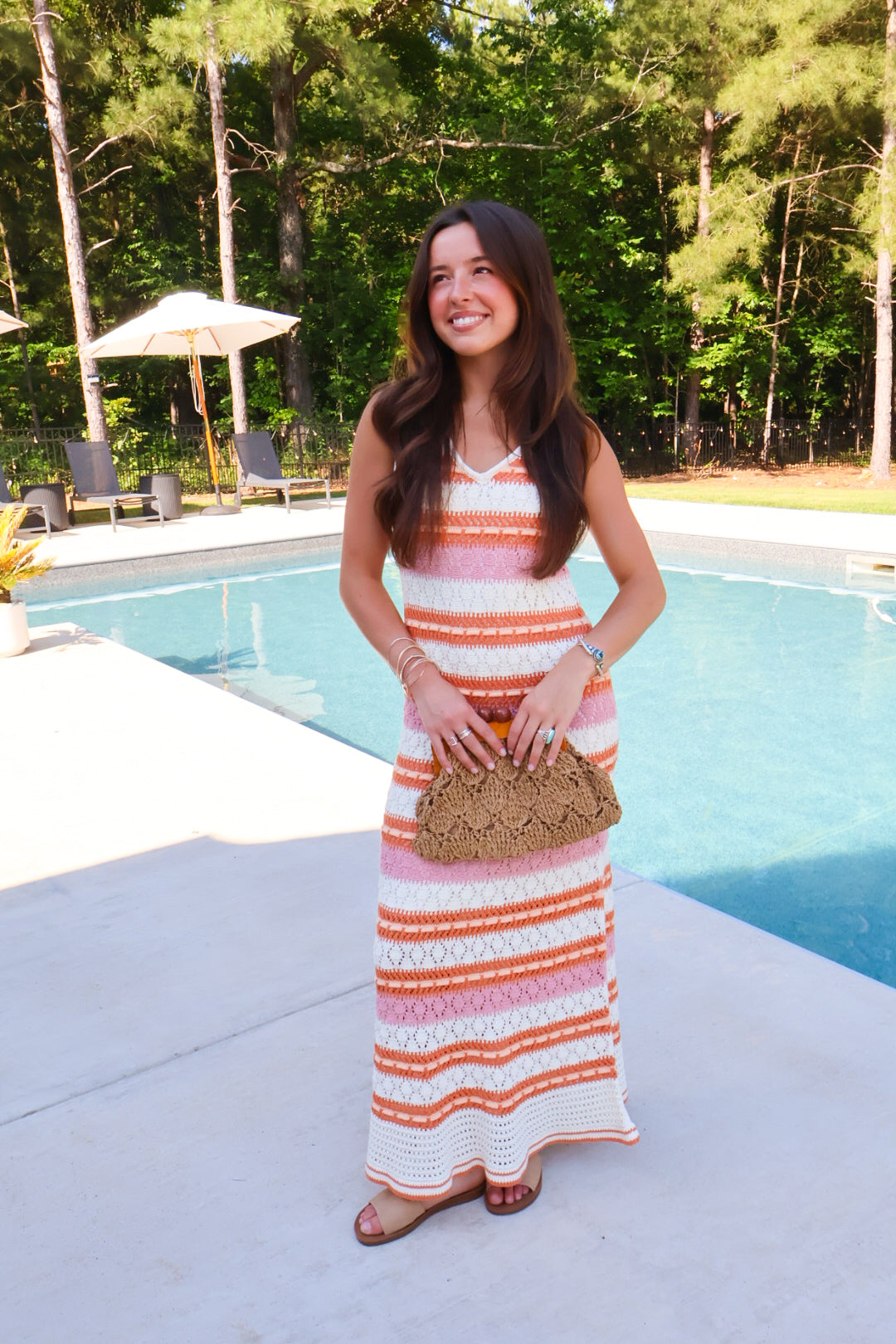 Striped Crochet Maxi Dress in Beige, Rust & Pink