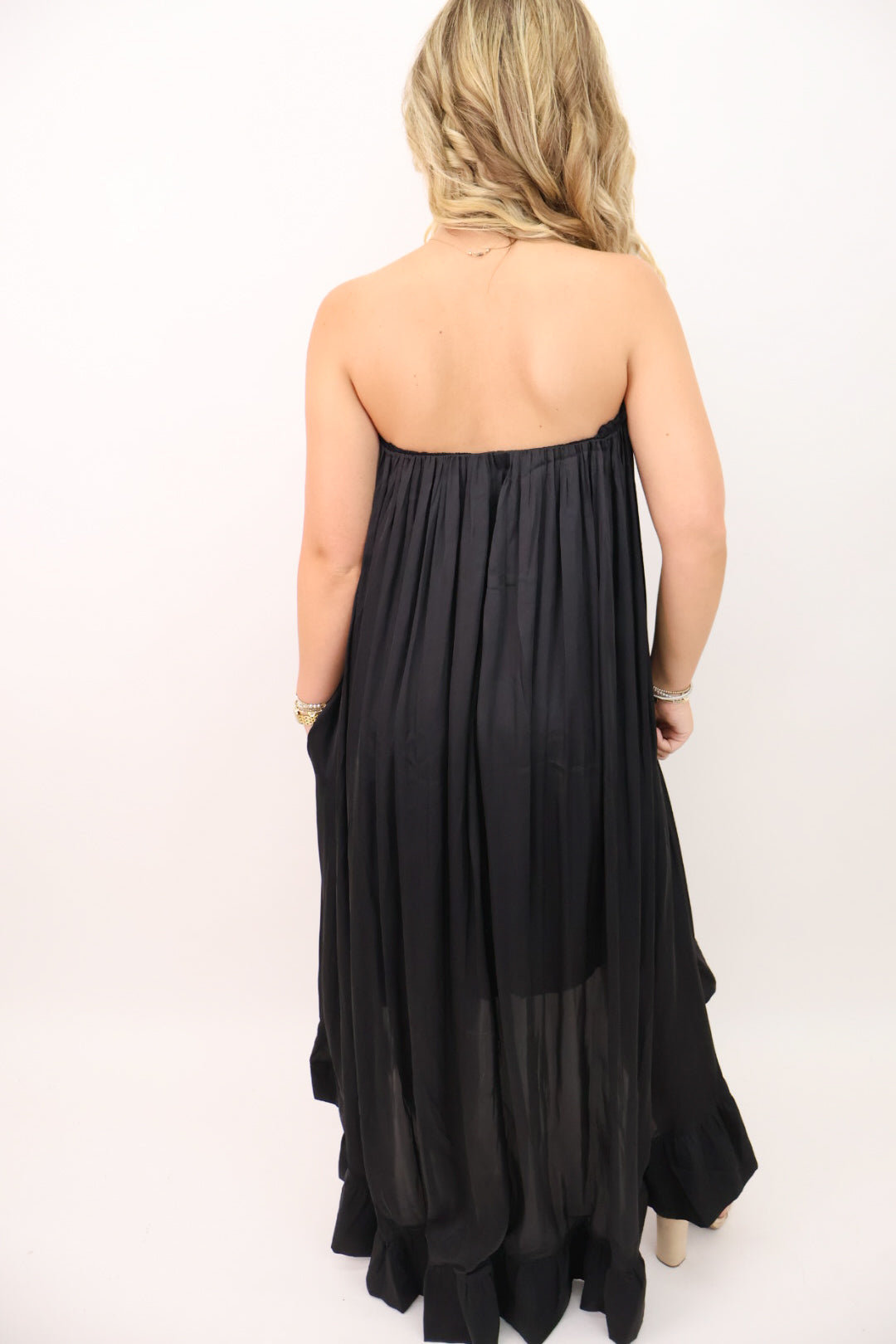 Satin Strapless High-Low Maxi Dress - Black