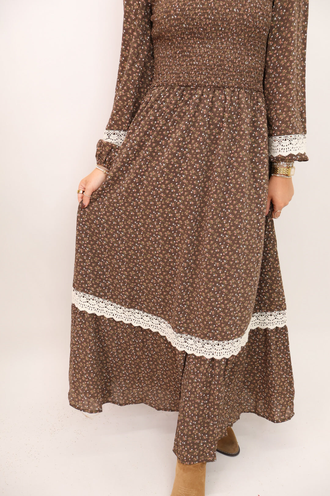 Brown Floral Lace Trim Maxi Dress
