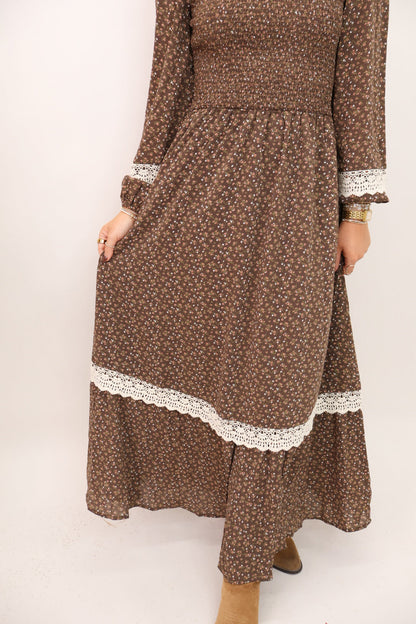 Brown Floral Lace Trim Maxi Dress