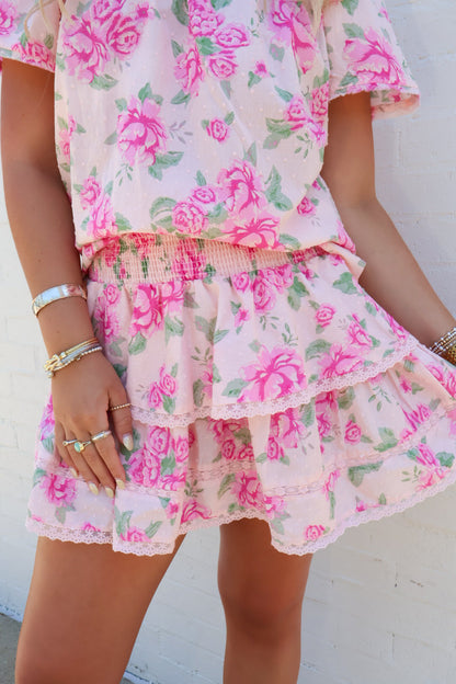 Pink Floral Tiered Skirt Set