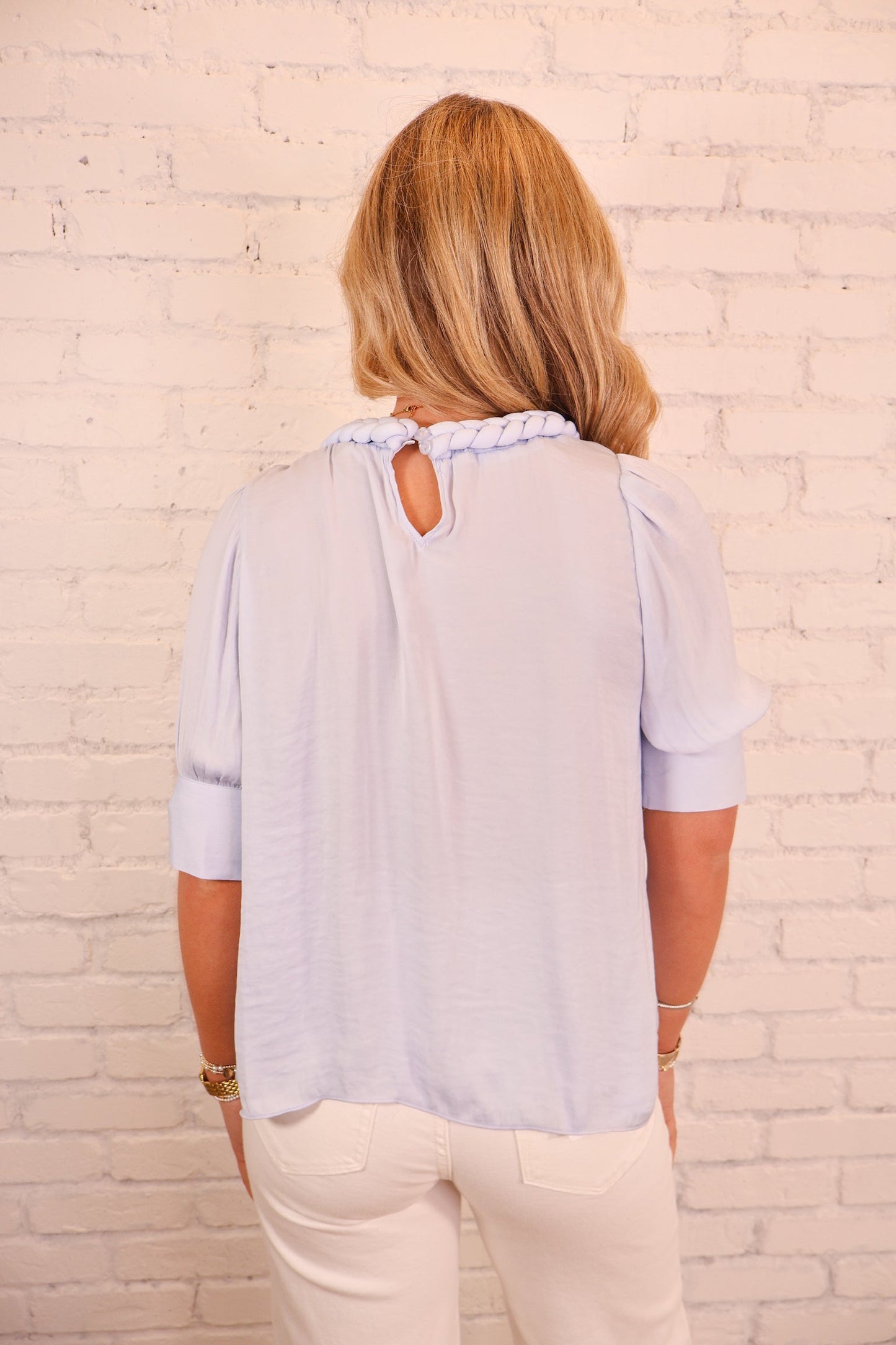 Braided Neck Satin Blouse - Blue