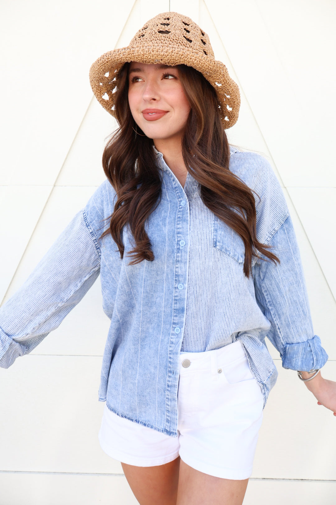 Mixed Stripe Denim Button Down Top