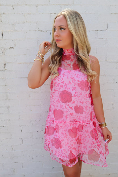 Rosé Garden High Neck Pink Floral Dress