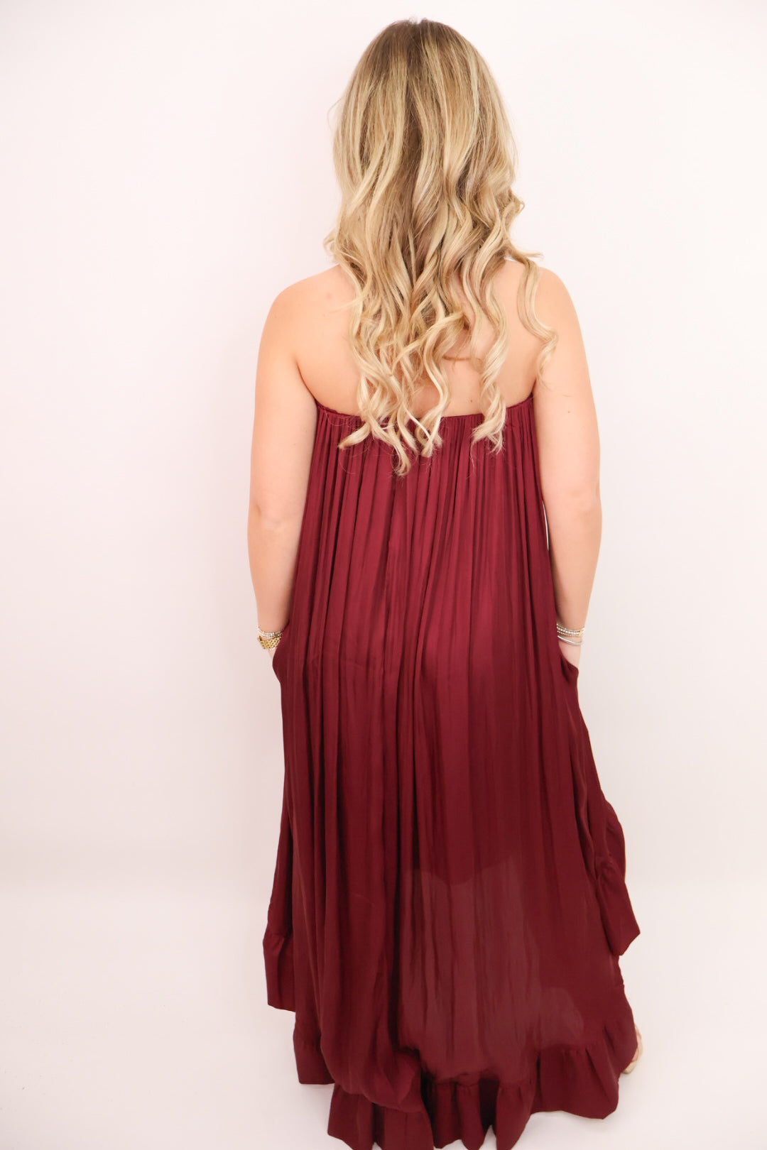 Satin Strapless High-Low Maxi Dress - Burgundy