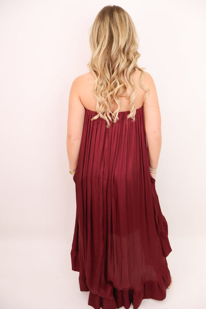 Satin Strapless High-Low Maxi Dress - Burgundy