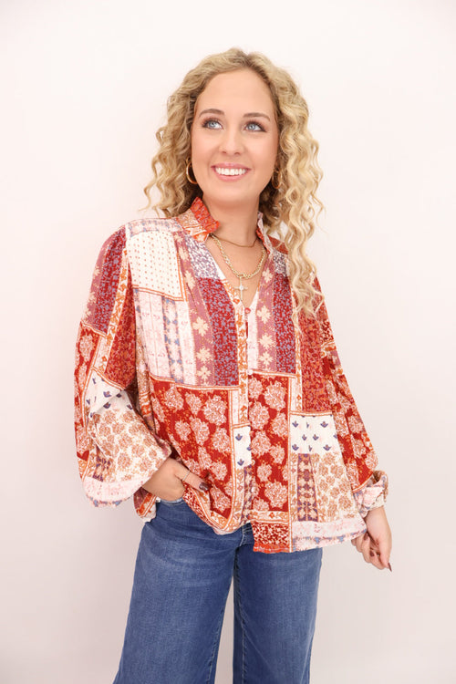 Rust Patchwork Print Top