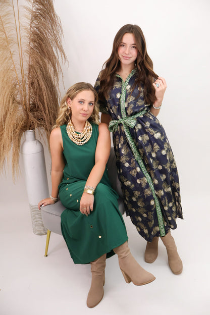 Gold Studded Sleeveless Midi Dress - Green