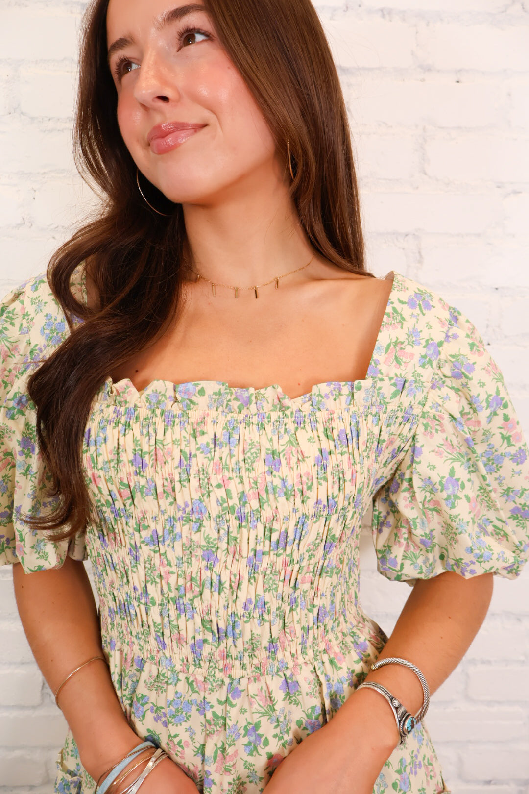 Meadow Bloom Smocked Puff Sleeve Midi Dress