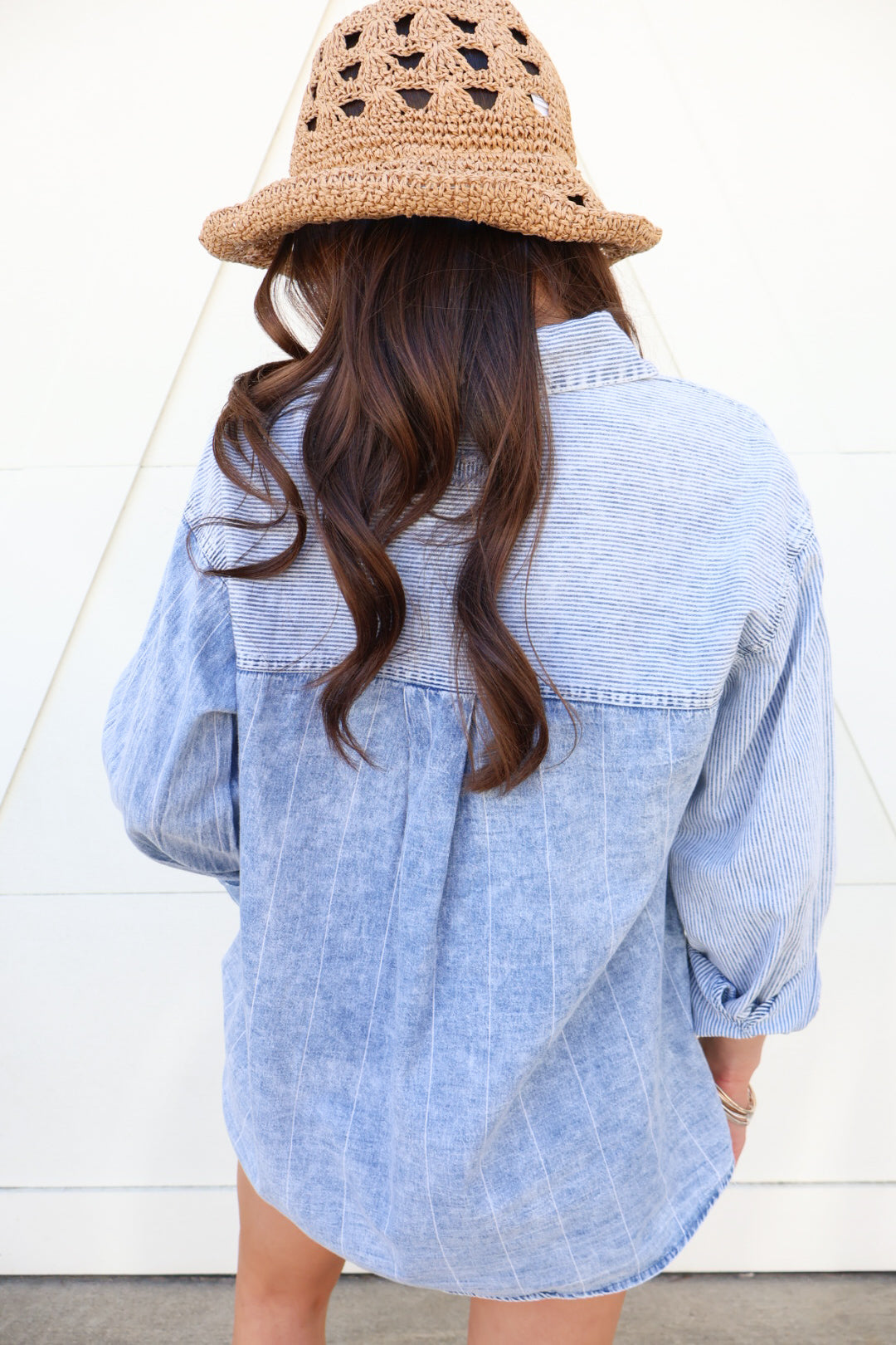 Mixed Stripe Denim Button Down Top