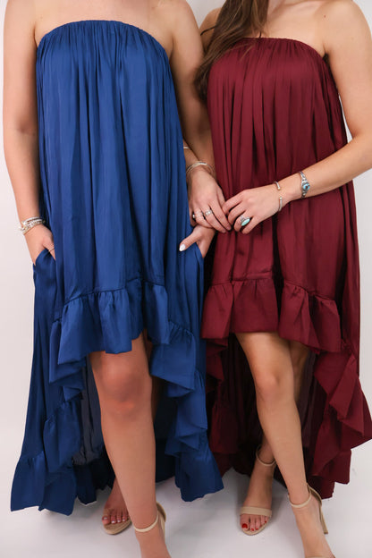 Satin Strapless High-Low Maxi Dress - Burgundy