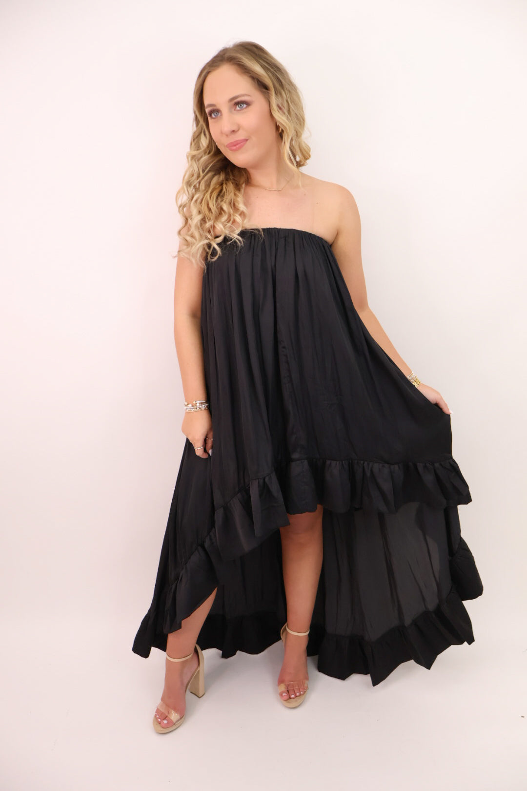 Satin Strapless High-Low Maxi Dress - Black
