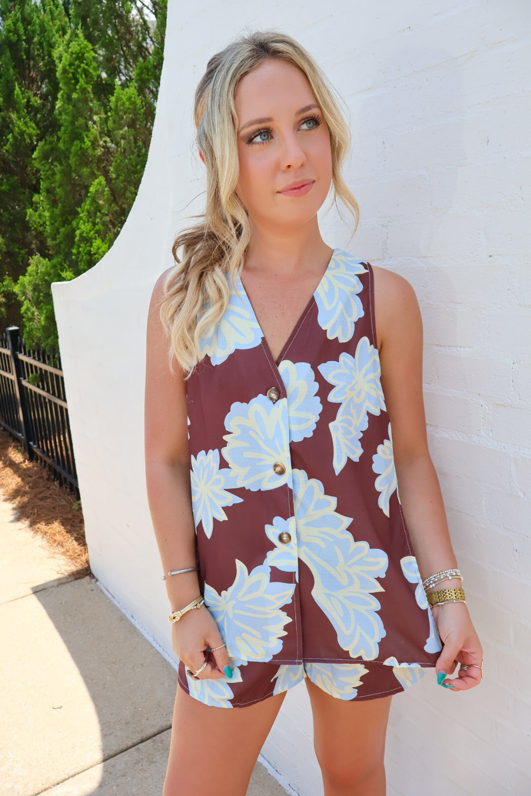 Chocolate Brown and Blue Floral Vest and Shorts Set