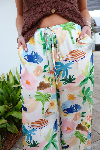 Postcard Print Wide Leg Pants