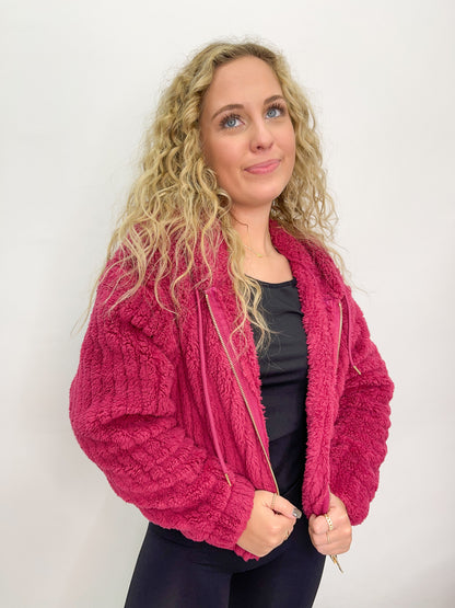 Hooded Ribbed Sherpa Jacket - Raspberry