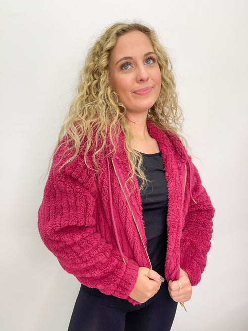 Hooded Ribbed Sherpa Jacket - Raspberry
