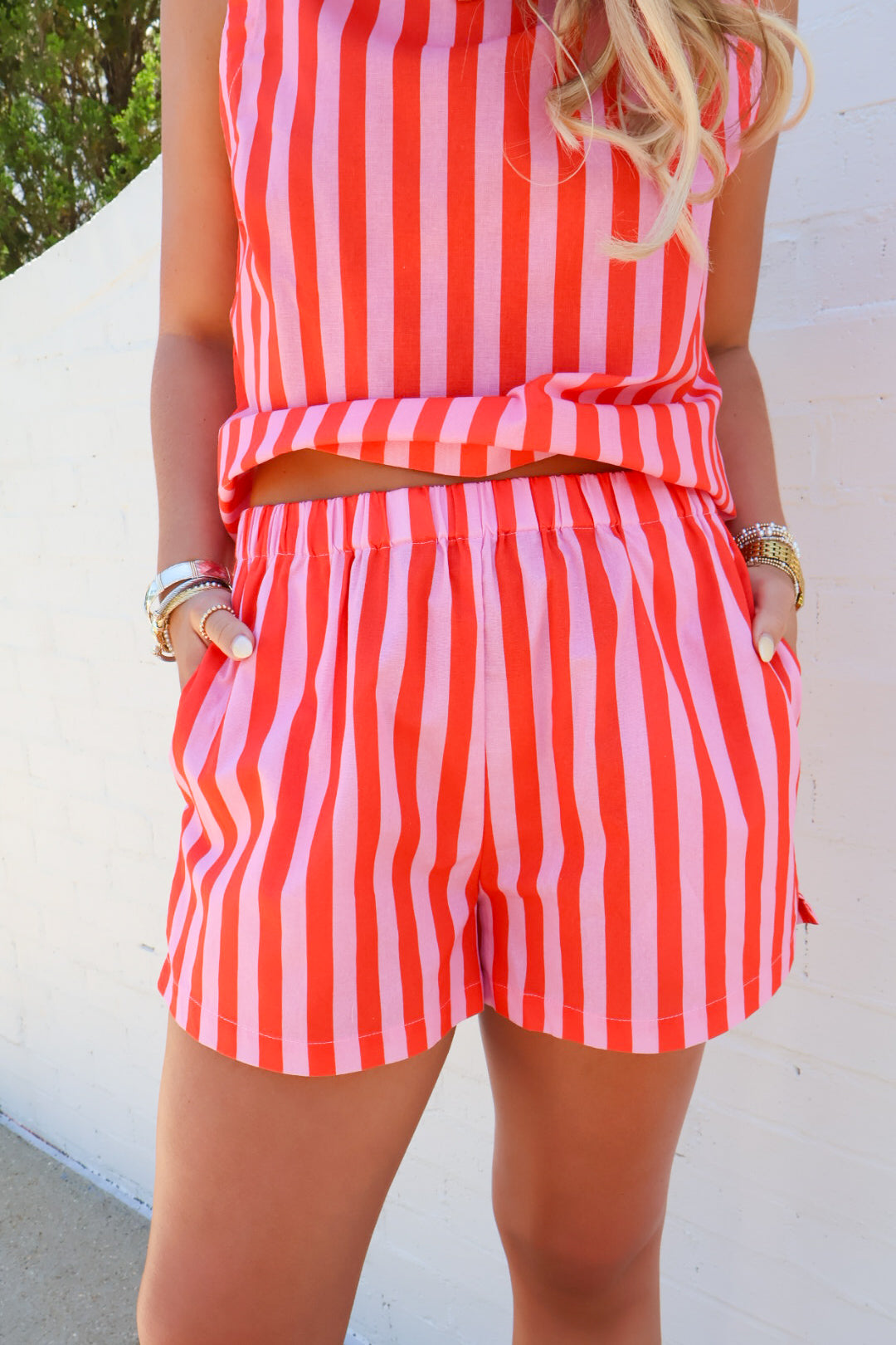 Coral + Pink Punch Striped Shorts Set