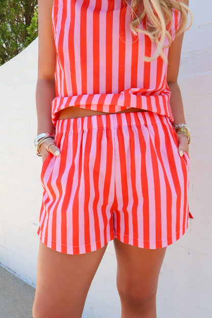 Coral + Pink Punch Striped Shorts Set